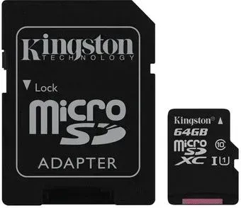 Kingston microSDXC 64GB SDC10G2/64GB (с адаптером)