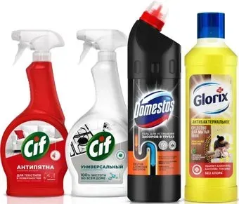 Domestos для питомцев (Domestos Гель 0.75 л + Cif Спрей 0.5 л + Cif Спрей 0.5 л + Glorix Жидкость 1 л)