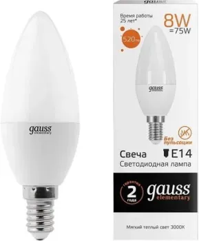 Gauss Elementary Candle 8Вт E14 3000K