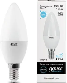 Gauss LED Elementary Candle 8W E14 6500K 33138 (10 шт)
