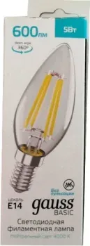 Gauss Basic Filament Свеча 5W 600lm 4000K E14 50312252