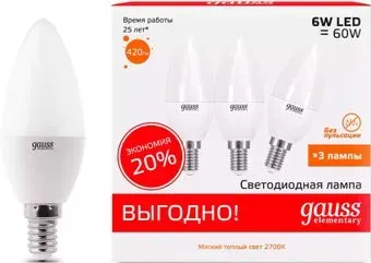 Gauss Elementary Свеча 6W 420lm 3000K E14 33116T (3 шт)