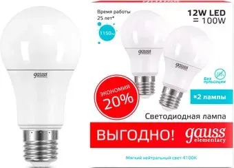 Gauss Elementary A60 12W 4100K E27 23222P (2 шт)