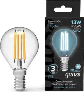 Gauss Filament Шар 13W 1150lm 4100К Е14 LED 1/10/50 105801213