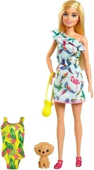 Barbie Блондинка в платье с питомцем и аксессуарами GRT87