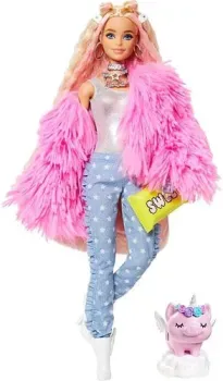 Barbie Extra Doll 3 in Pink Coat with Pet Unicorn-Pig GRN28