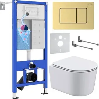 Roxen Simple compact в комплекте с инсталляцией StounFix Dual Fresh 6 в 1 968480 (кнопка: брашированное золото)