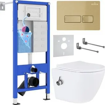 Roxen Antares Bidet в комплекте с инсталляцией StounFix Dual Fresh 6 в 1 968099 (кнопка: брашированное золото)