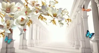 ФабрикаФресок 3D Абстракция. Золотые Цветы. Бабочки и Колонны 1025270 (500x270)
