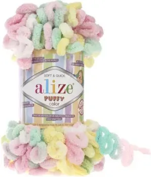 Alize Puffy color 5862 (9 м, мята-розовый-желтый-белый)